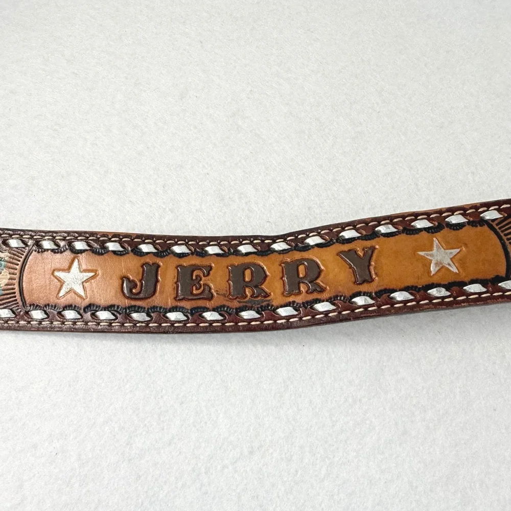 VTG Western Tooled Leather‎ Belt Eagle Floral Inlay Personalized Jerry Size 36